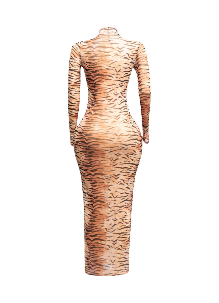 ANIMAL PRINT LONGSLEEVE MAXI DRESS W THUMBHOLES - Muvin 