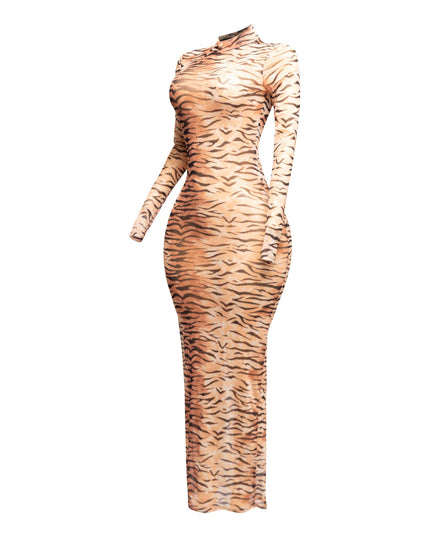 ANIMAL PRINT LONGSLEEVE MAXI DRESS W THUMBHOLES - Muvin 