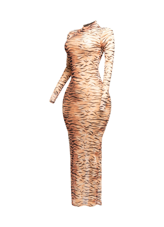 ANIMAL PRINT LONGSLEEVE MAXI DRESS W THUMBHOLES - Muvin 