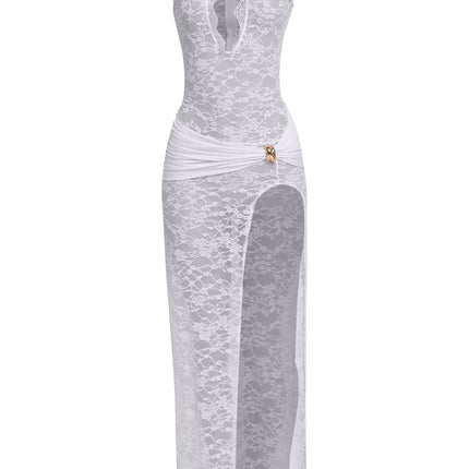 White lace maxi dress with sheer floral mesh and gold accent details

