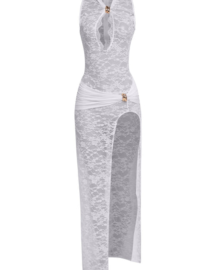 White lace maxi dress with sheer floral mesh and gold accent details

