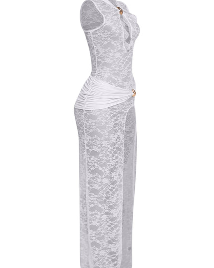 White sleeveless lace gown with waist draping and keyhole front

