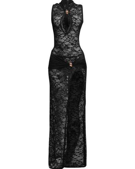 Sheer black lace maxi dress with gold trim and keyhole neckline

