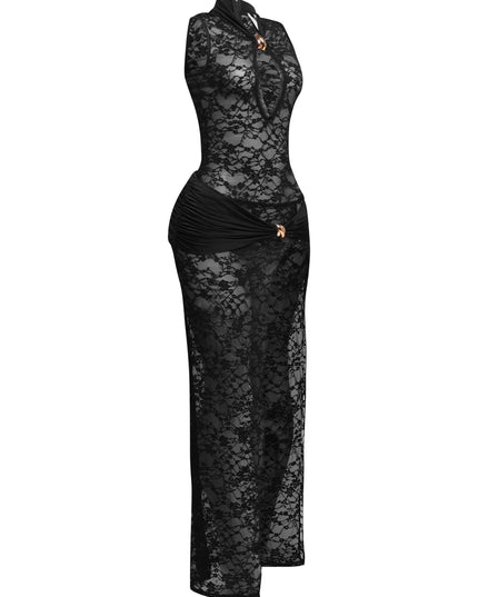 Black lace sleeveless maxi with side slit and body-hugging fit