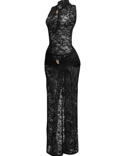Elegant black mesh lace dress with ruched waist and gold detail

