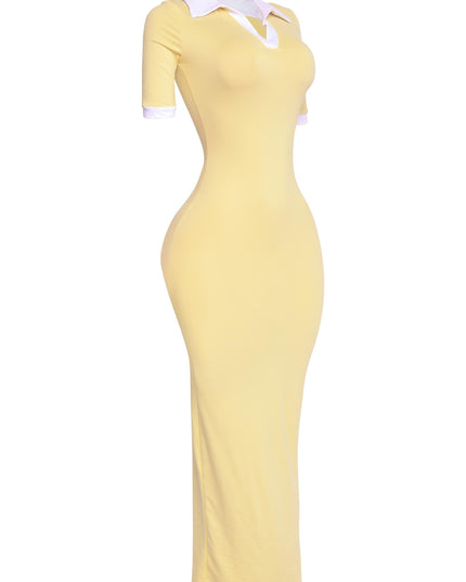 Yellow bodycon maxi dress with preppy white contrast collar, sporty aesthetic captured from the right side


