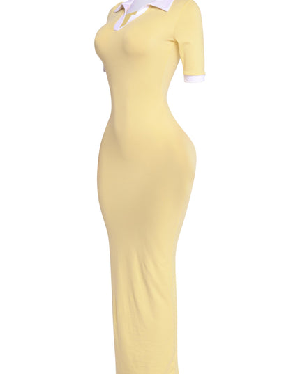Lemon yellow stretch maxi dress with white trim on collar and sleeves, polished and curve-enhancing fit

