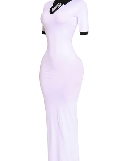 White stretch maxi dress with bold black contrast detail, flattering on the waist and hips

