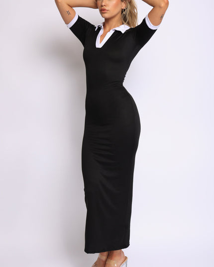 Black bodycon collared dress with white accents, 1/4 left angle for contoured shape display

