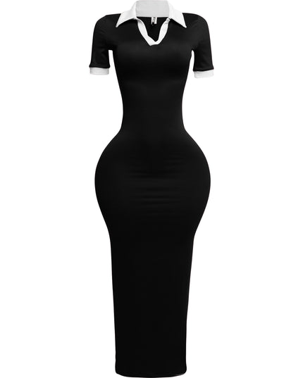 Sleek black and white stretch maxi dress, shown from the left profile with flattering silhouette

