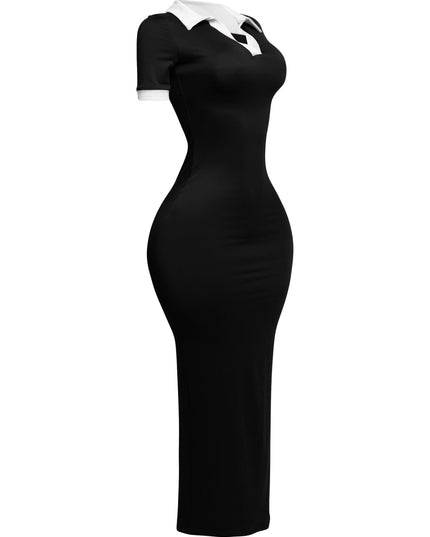 Back view of black polo-style maxi dress with white contrast details and sculpting fit

