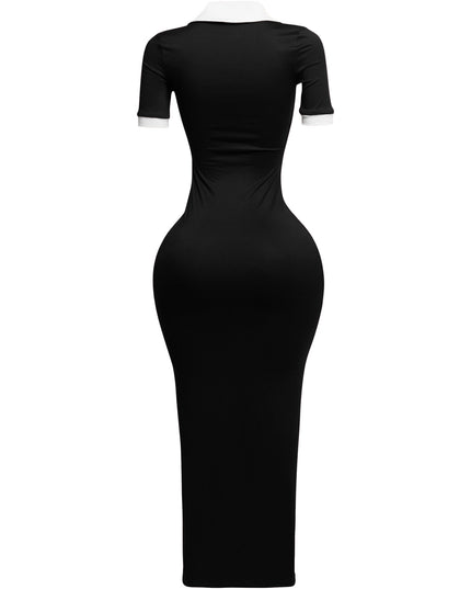 Figure-hugging black maxi with crisp white collar detail, sporty chic from right side view

