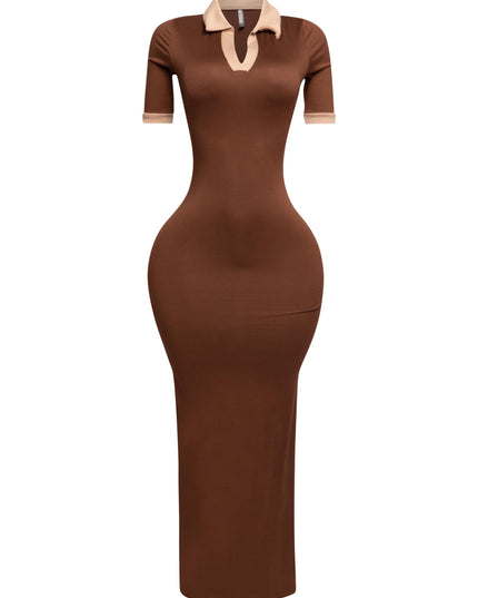 Brown and nude contrast collared bodycon dress with maxi length and short sleeves, front-facing

