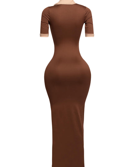 Chocolate brown fitted dress with nude collar and sleeve accents, 1/4 angle showcasing curve contour

