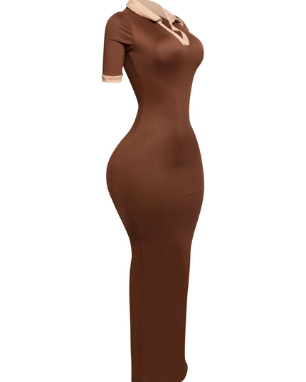 Side profile of brown stretch dress with nude contrast detailing, soft yet bold silhouette

