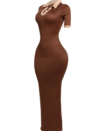 Back view of brown and nude colorblock dress with form-fitting maxi cut and subtle shine

