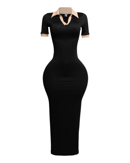Black stretch collared maxi dress with nude contrast collar and cuffs, body-hugging fit front view

