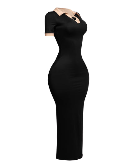 Black and nude colorblock polo maxi dress, angled view showing curve-enhancing silhouette

