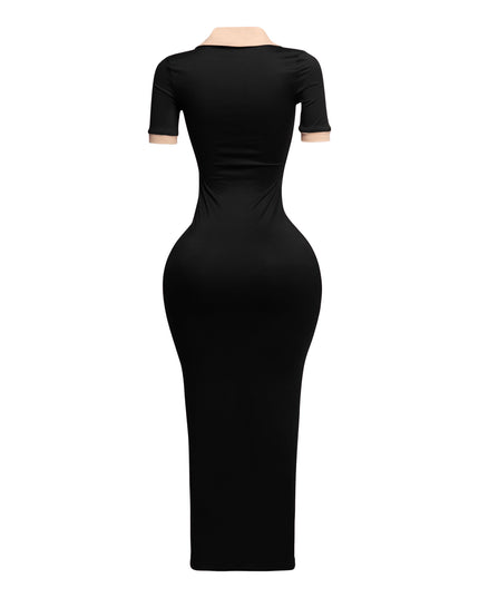 Side view of black fitted dress with nude collar and sleeve tips, sleek and structured

