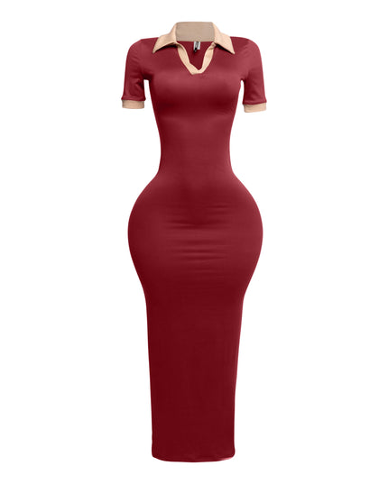 Wine red collared bodycon maxi dress with nude contrast collar and sleeve trim, front-facing view

