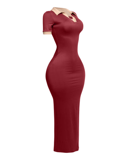 Burgundy and nude stretch maxi dress with colorblock detail, angled 1/4 left to show shape

