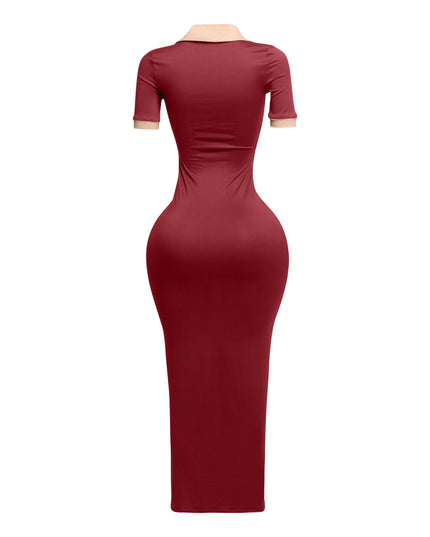 Side view of wine-toned fitted dress with nude polo-style collar, sculpting silhouette

