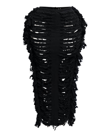 Cutout detailed distressed denim fringe maxi skirt - Muvin 