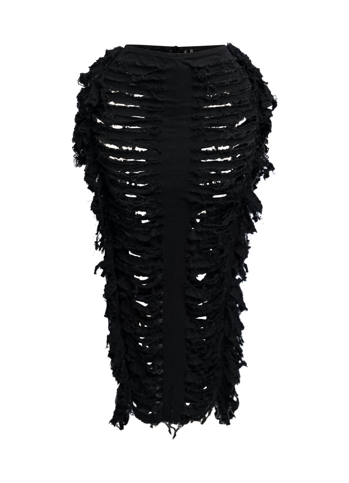 Cutout detailed distressed denim fringe maxi skirt - Muvin 