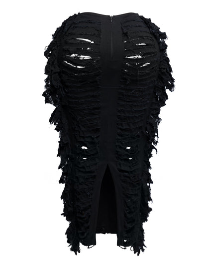 Cutout detailed distressed denim fringe maxi skirt - Muvin 