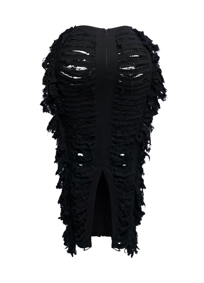 Cutout detailed distressed denim fringe maxi skirt - Muvin 