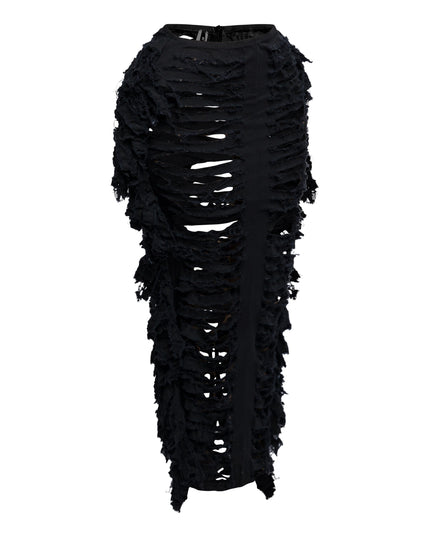 Cutout detailed distressed denim fringe maxi skirt - Muvin 