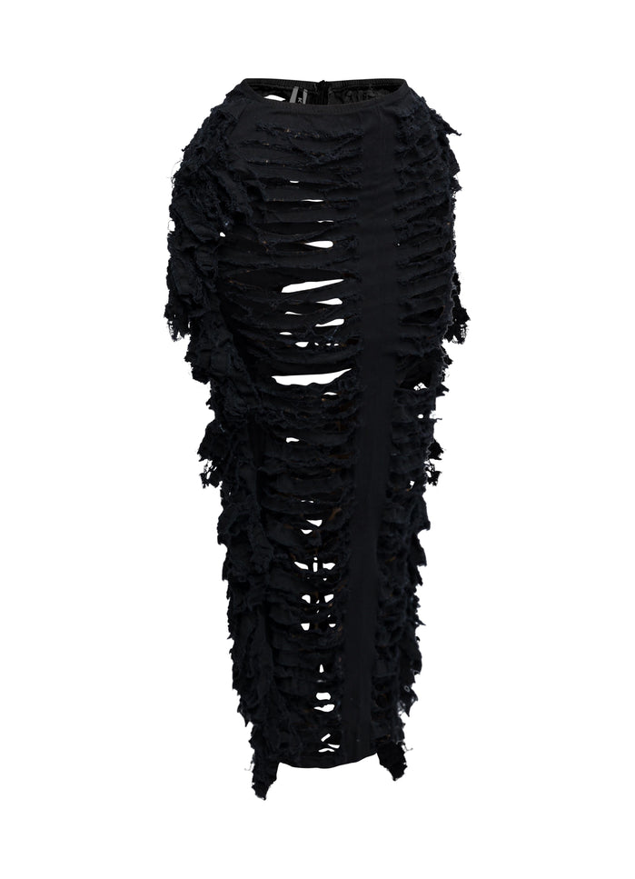 Cutout detailed distressed denim fringe maxi skirt - Muvin 