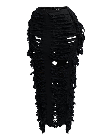 Cutout detailed distressed denim fringe maxi skirt - Muvin 