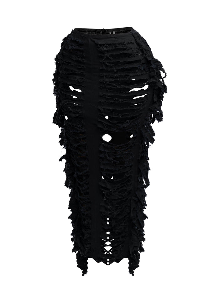 Cutout detailed distressed denim fringe maxi skirt - Muvin 