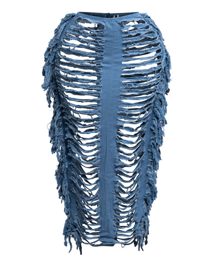 Cutout detailed distressed denim fringe maxi skirt - Muvin 