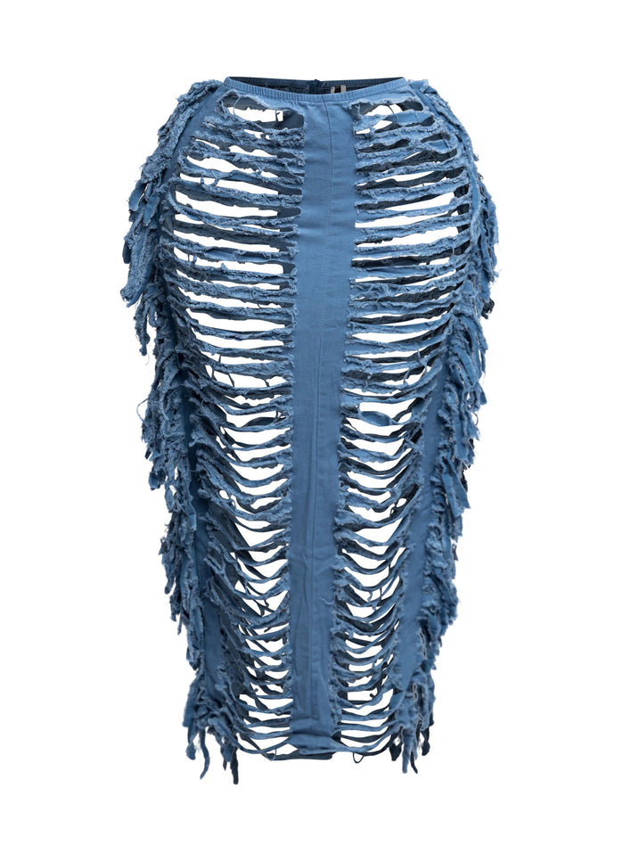 Cutout detailed distressed denim fringe maxi skirt - Muvin 
