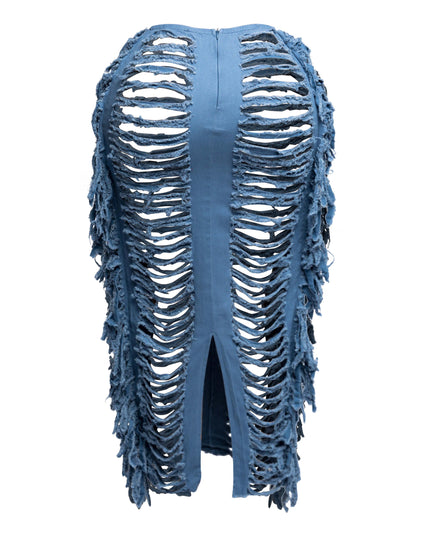 Cutout detailed distressed denim fringe maxi skirt - Muvin 