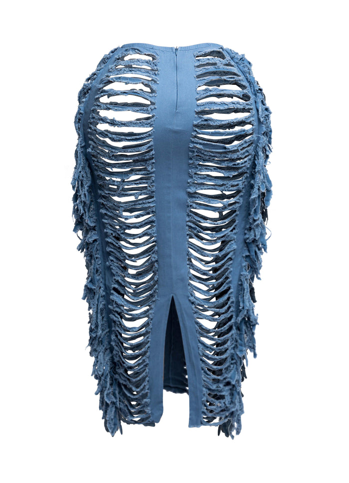Cutout detailed distressed denim fringe maxi skirt - Muvin 