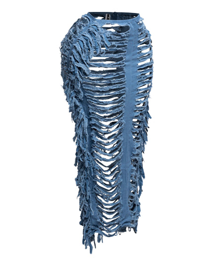 Cutout detailed distressed denim fringe maxi skirt - Muvin 