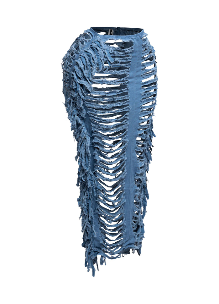 Cutout detailed distressed denim fringe maxi skirt - Muvin 