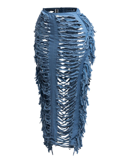 Cutout detailed distressed denim fringe maxi skirt - Muvin 