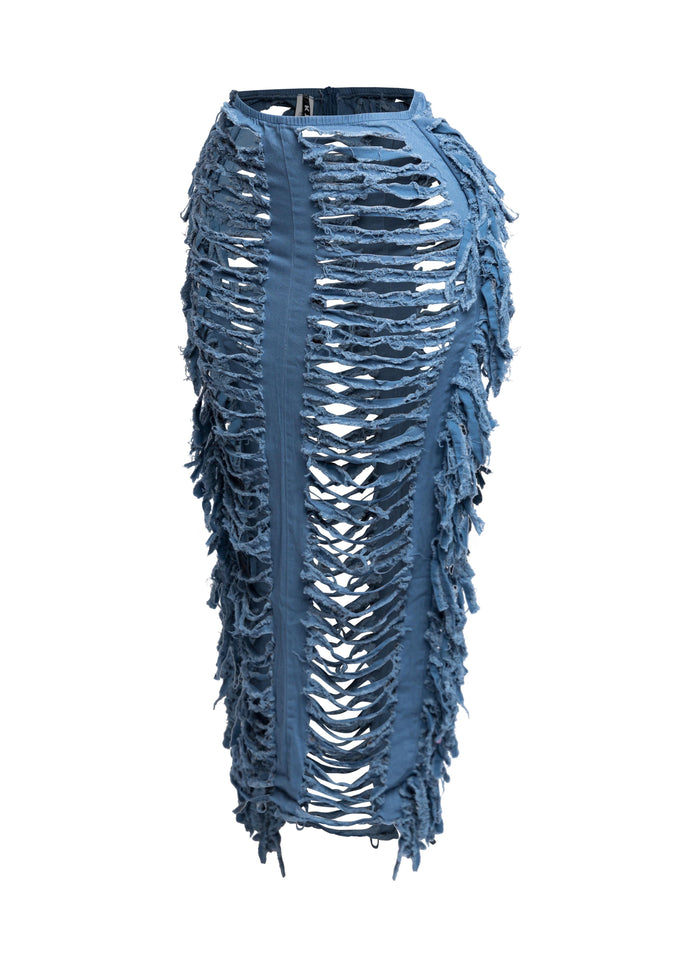 Cutout detailed distressed denim fringe maxi skirt - Muvin 