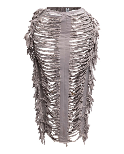 Cutout detailed distressed denim fringe maxi skirt - Muvin 