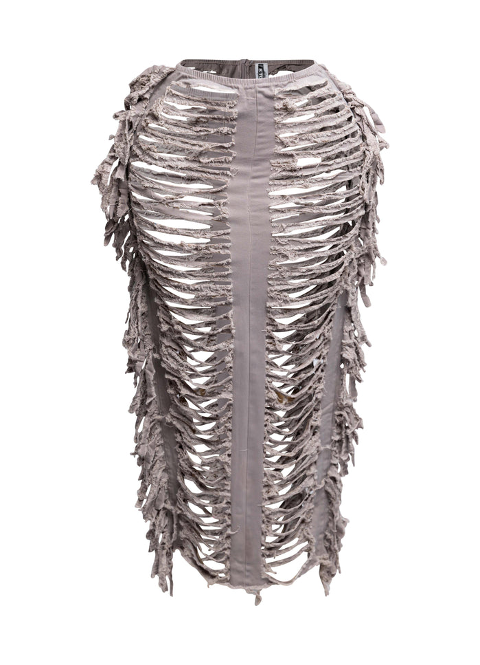 Cutout detailed distressed denim fringe maxi skirt - Muvin 