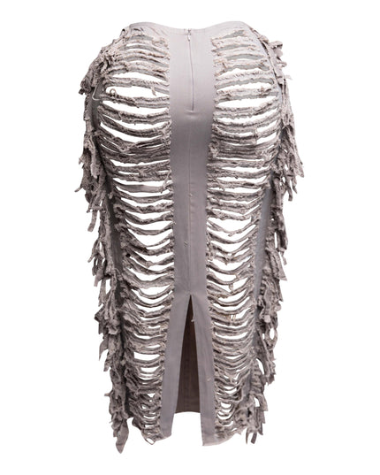 Cutout detailed distressed denim fringe maxi skirt - Muvin 