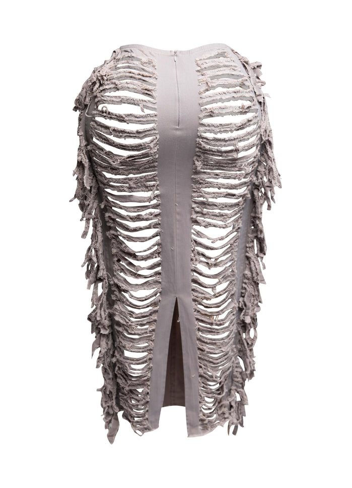 Cutout detailed distressed denim fringe maxi skirt - Muvin 
