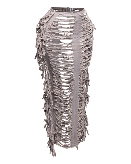 Cutout detailed distressed denim fringe maxi skirt - Muvin 