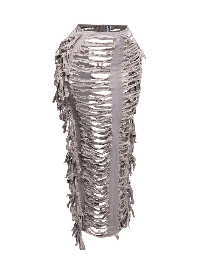 Cutout detailed distressed denim fringe maxi skirt - Muvin 