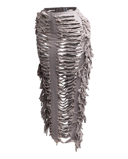 Cutout detailed distressed denim fringe maxi skirt - Muvin 