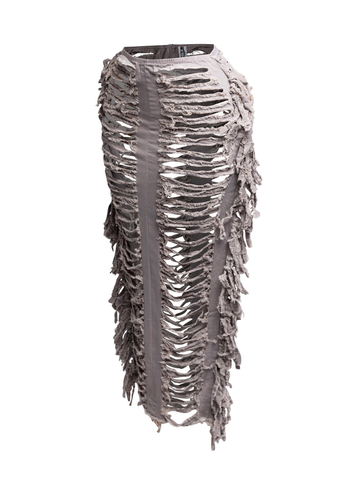 Cutout detailed distressed denim fringe maxi skirt - Muvin 